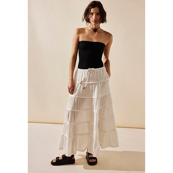 Free People Simply Smitten Maxi Skirt Tiered Tie Waist Natural Cream XL - Picture 4 of 16
